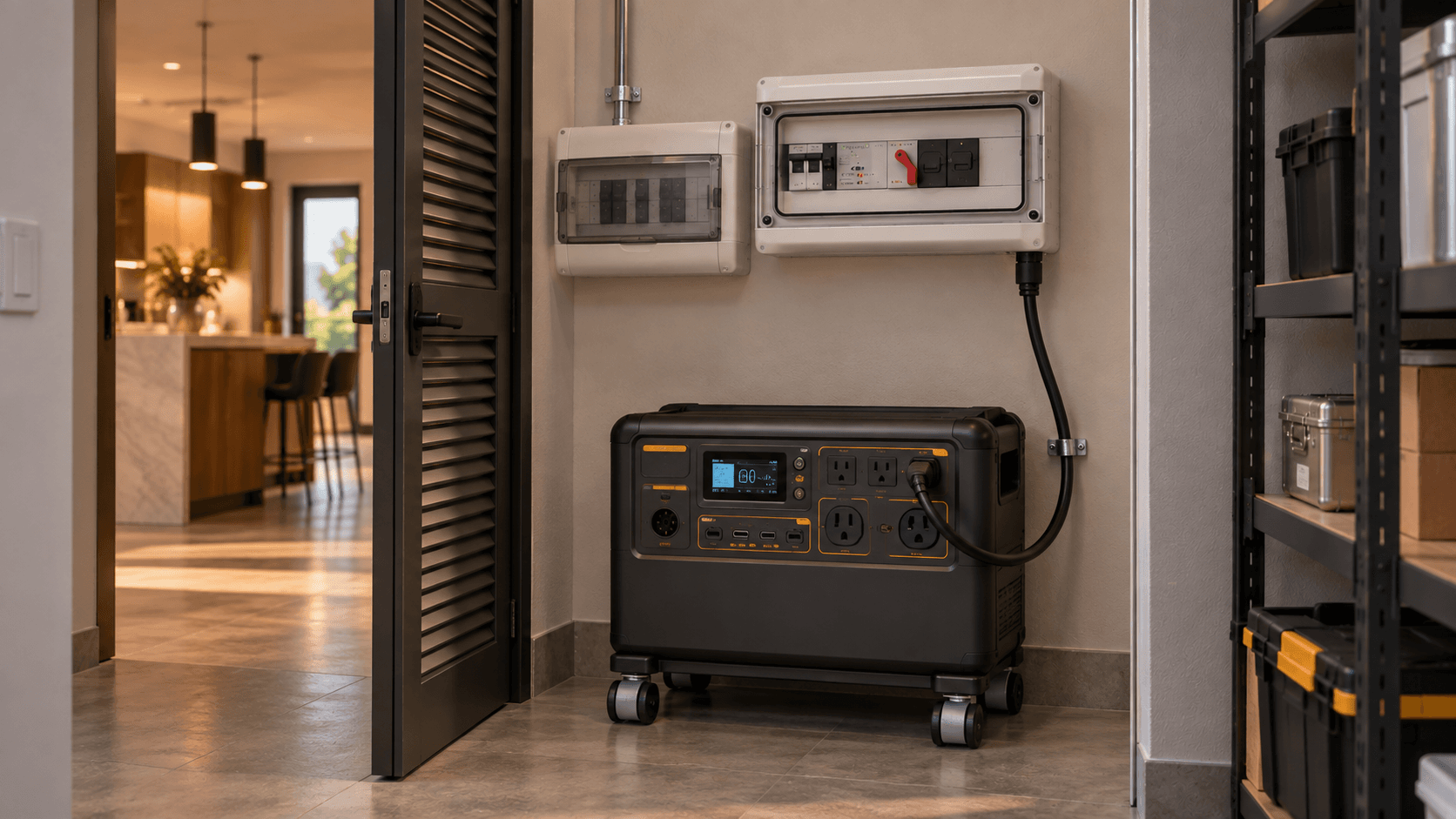 Unidad Elyra Home sobre su base con ruedas, conectada mediante cable al centro de carga y la caja de transferencia en la pared de un cuarto de servicio, con la puerta abierta hacia la cocina de la casa al fondo.