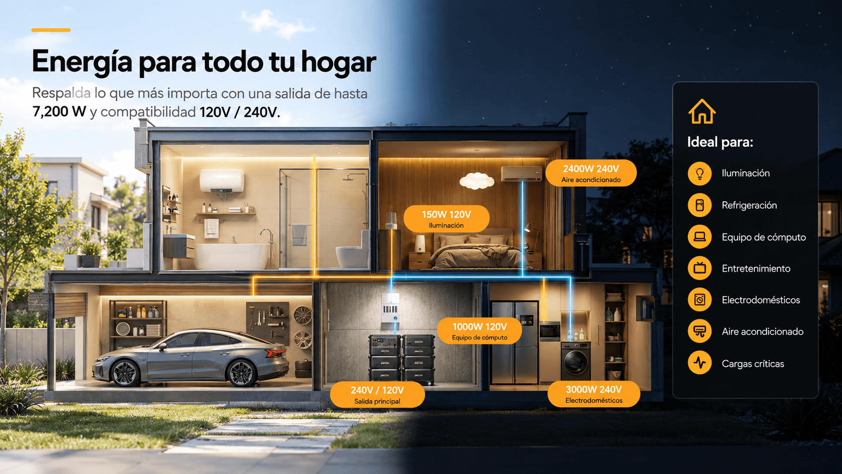 Energía para todo tu hogar: casa de dos plantas en corte que pasa del día a la noche. Elyra Home en el cuarto de servicio alimenta iluminación, aire acondicionado, equipo de cómputo, refrigerador y lavadora; respalda lo que más importa con una salida de hasta 7,200 W y compatibilidad 120 V / 240 V. Ideal para iluminación, refrigeración, equipo de cómputo, entretenimiento, electrodomésticos, aire acondicionado y cargas críticas.