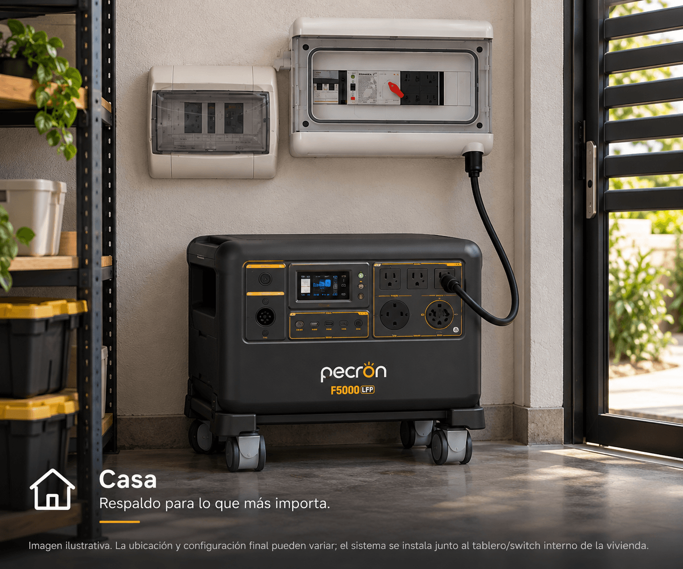 Casa: Elyra Home sobre su base con ruedas en un cuarto de servicio de una casa, conectado al tablero y a la caja de transferencia en la pared, junto a estantes con cajas; al fondo, la puerta abierta hacia el jardín.