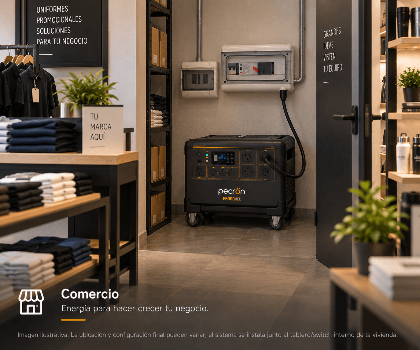 Comercio: Elyra Home en una tienda de uniformes, entre mesas con ropa doblada y anaqueles, conectado al tablero de pared.