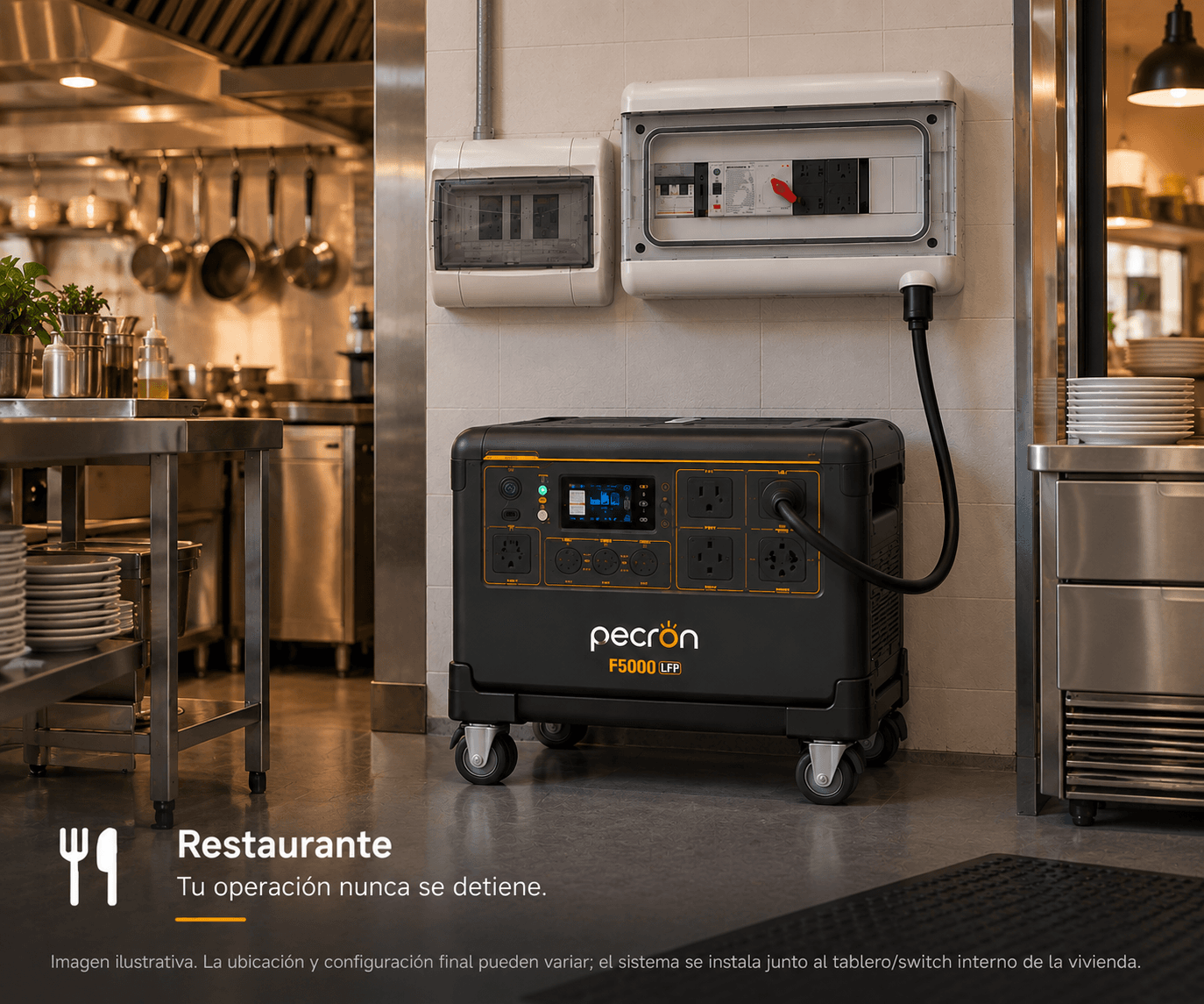 Restaurante: Elyra Home en la cocina de un restaurante, entre mesas de acero inoxidable y platos apilados, conectado al tablero de pared.