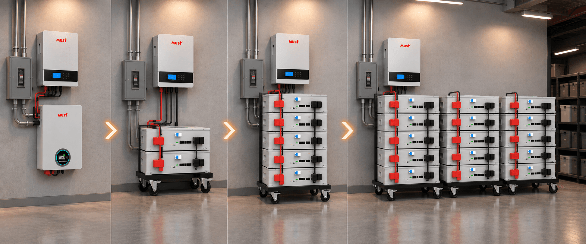 Progresión de capacidad de Elyra Home Plus en cuatro configuraciones: una batería montada en pared junto al inversor; dos baterías apiladas sobre una base con ruedas; cinco baterías apiladas sobre una base con ruedas; tres bases con cinco baterías cada una, quince en total.