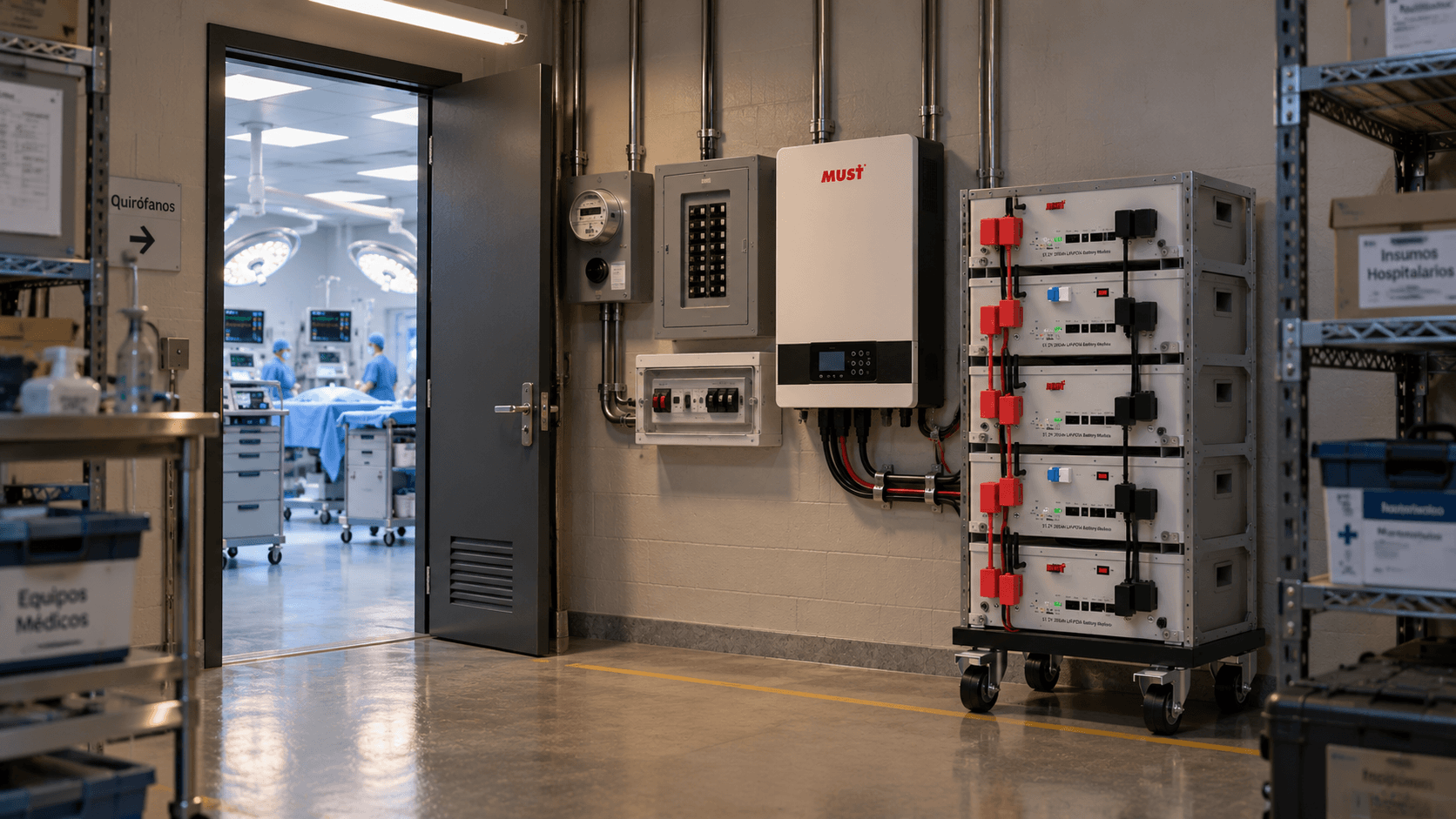 Hospital: cuarto técnico con tablero eléctrico, inversor MUST y rack de cinco baterías sobre ruedas; al fondo, a través de una puerta abierta, un pasillo hospitalario con personal médico.