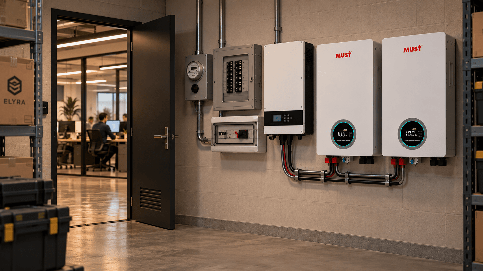 Oficina: cuarto técnico con tablero eléctrico, inversor MUST y dos baterías montadas en pared; al fondo, a través de una puerta abierta, una oficina con personas trabajando en escritorios.